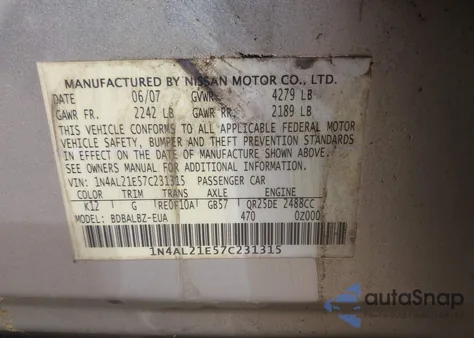 2007 Nissan Altima 2.5 из США, поврежденный, VIN 1N4AL21E57C231315